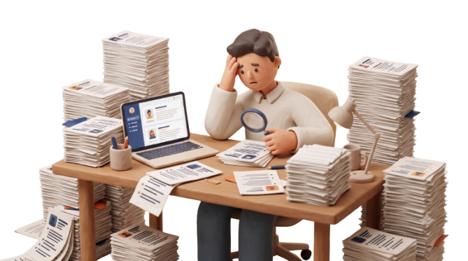 Recruiter reviewing stacks of resumes